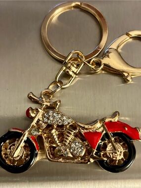 KEYCHAIN/ PURSE CHARM Red & Gold Motorcycle embellish with White Rhinestone